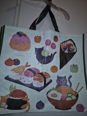 Cute Cat Sushi & Ramen Reusable Tote Bag - Light Mint Green
